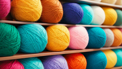 Colorful balls of yarn. They are arranged in a chaotic manner on a wooden surface, reminiscent of a needlework or knitting environment. AI Generation.