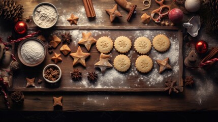 a wooden cutting board topped with cookies and star shaped cookies next to bowls of powdered sugar and cinnamon sticks.