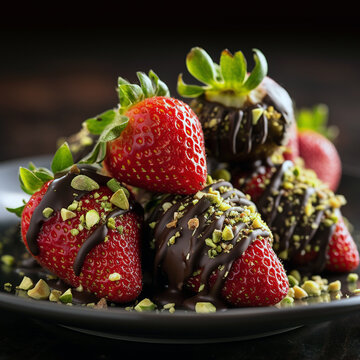 Fresh Strawberries Dipped In Dark Chocolate And Garnished With Crushed Pistachios And Coconut Flakes