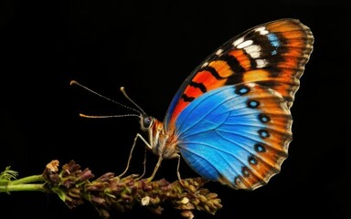 a close up of a butterfly wing with blue and orange colors on it's wings and a black background. 