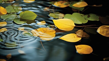  a group of leaves floating on top of a body of water next to a leaf floating on top of a leaf covered body of water.