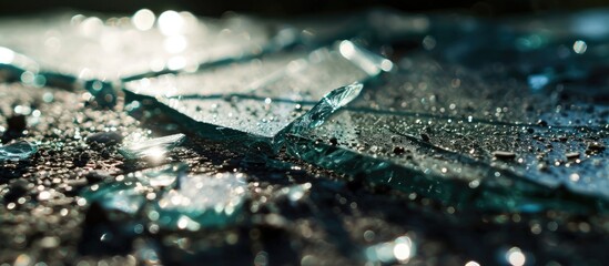 In the shadows, a macro close-up captures the image of a damaged broken glass, scattered with sharp shards and adorned with a sprinkling of tiny white dots, providing a useful texture overlay for any - obrazy, fototapety, plakaty