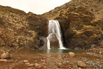 Helgufoss is a waterfall near the capital of Iceland, located in Mosfellsdalur valley
