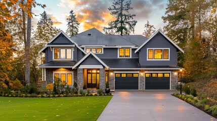 Luxury house exterior with brick and siding trim and double garage. - obrazy, fototapety, plakaty