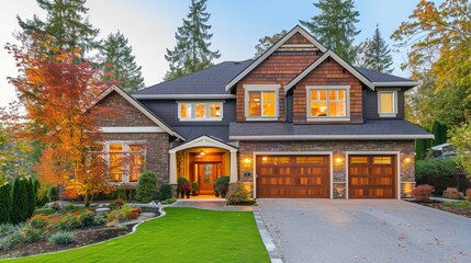 Luxury house exterior with brick and siding trim and double garage. - obrazy, fototapety, plakaty