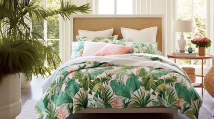  a bed in a bedroom with a green and white comforter and a plant in the corner of the room.