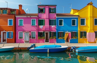 Fototapeta na wymiar colorful canal with houses with boats docked in the water
