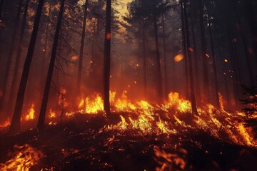 Forest fire with trees on fire.