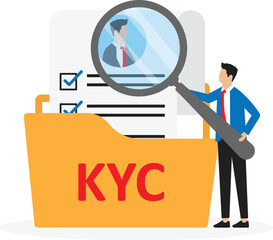 KYC or know your customer with business verifying the identity of its clients concept at the partners-to-be through a magnifying glass concept
