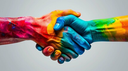 peace, agreement, collaboration, community between group of diverse cultures and race. multi color rainbow diversity handshake vector illustration background. - obrazy, fototapety, plakaty