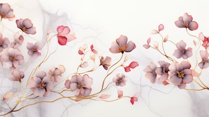  a painting of pink flowers on a white background with a gold leaf design on the bottom of the image and the bottom of the painting of pink flowers on the bottom of the frame.