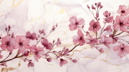  a painting of pink flowers on a white and gold marbled background with a gold leaf design on the left side of the frame.