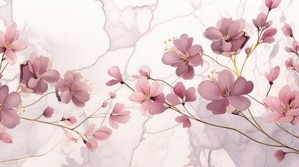  a close up of pink flowers on a white marbled wall with a pink and gold design in the background.