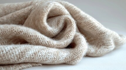 A cozy wool fabric, showcasing its thick, soft texture and natural, warm tones, set against a pure white background