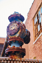 Vintage Rusting Fire Hydrant Against Brick Building