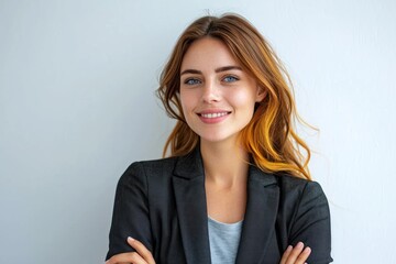 Happy businesswoman with arms crossed against white background