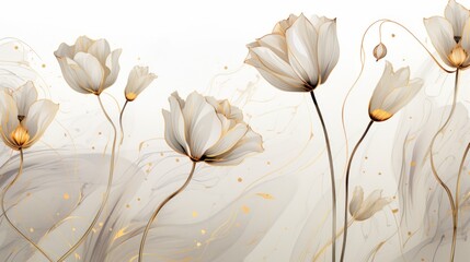  a painting of white flowers on a white background with gold swirls and a white background with gold swirls and a white background with gold swirls and white flowers.