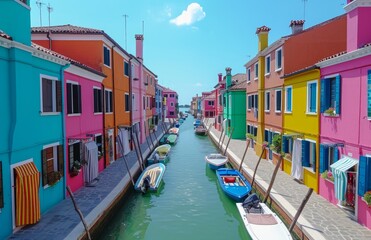 Fototapeta na wymiar colorful canal with houses with boats docked in the water