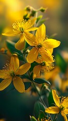 Obraz premium Yellow flowering in forest St Johns wort (Hypericum perforatum) with green leaves in background, close up