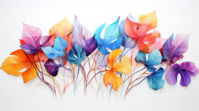  a group of multicolored leaves on a white background with a shadow of the leaves on the left side of the image.