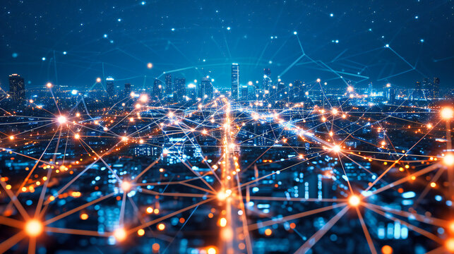 Global Digital Networking in a Cityscape, Abstract Business Technology, Modern Urban Connectivity Concept