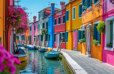 colorful canal with houses with boats docked in the water