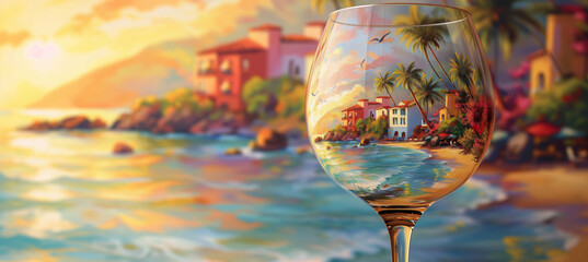 Spanish landscape in the wine glass. Concept of spanish holidays, tradition and culture. Spain - obrazy, fototapety, plakaty