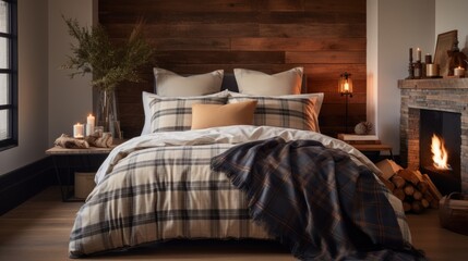  a bed with a plaid comforter and pillows in front of a fire place with candles on the side of the bed.