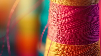 sewing thread coil bobbin close up abstract vivid multi colored background banner for fashion textile industry business
