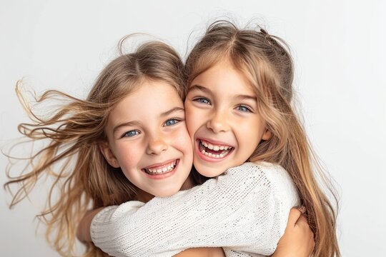 Girl Hugging Sister From Behind, White Background