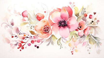 a watercolor painting of flowers and leaves on a white background with red, pink, yellow, and green colors.