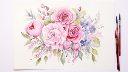  a watercolor painting of pink roses and purple flowers on a white sheet of paper with colored pencils next to it.