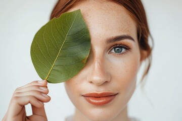 Businesswoman holding leaf on her eye against white background in studio