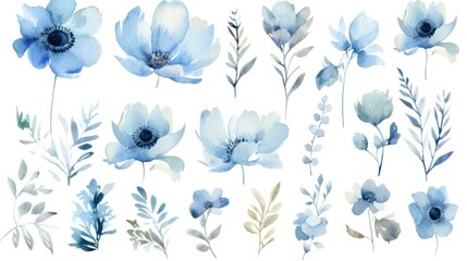  a set of blue flowers and leaves painted in watercolor on a white background with a place for your text.