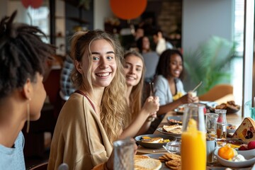 Diverse group of young roommates preparing and having breakfast together in their flatshare apartment