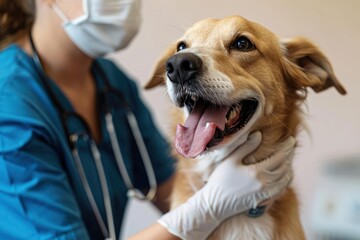Crop doctor in gloves examining obedient dog while working in contemporary vet clinic on white background