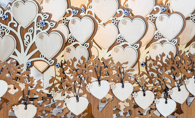 Lots of wooden hearts, decor, symbol of love, love. Valentine's Day, engagement, wedding, small...