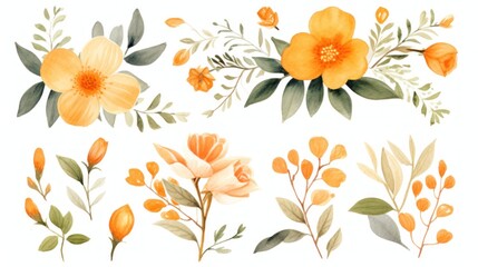 Fototapeta na wymiar a bunch of flowers that are painted in watercolor on a white background with green leaves and orange flowers on each side of the frame.