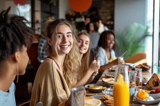 Diverse group of young roommates preparing and having breakfast together in their flatshare apartment