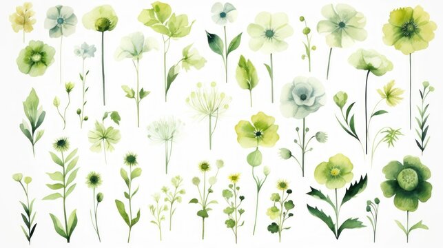  a bunch of flowers that are painted in watercolor on a white background with green leaves and flowers on each side of the image.
