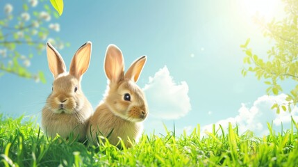Fototapeta premium Two Rabbits Sitting in the Grass Under a Blue Sky Copy Space, Perfect for Easter and Spring Themes