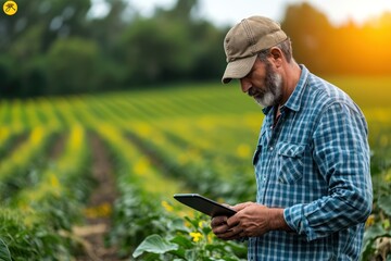 Naklejka na ściany i meble A farmer stands beside a farm field using a tablet; Alberta,