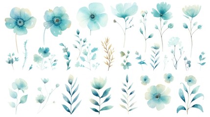  a set of watercolor flowers and leaves on a white background, including blue flowers, green leaves, and brown stems.