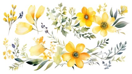  a watercolor painting of yellow flowers with green leaves and buds on a white background with a white back ground.