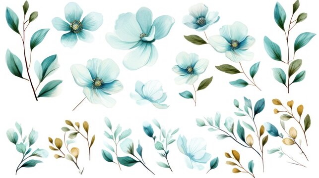  a set of flowers and leaves painted in watercolor on a white background stock photo - budget - free stock photo.