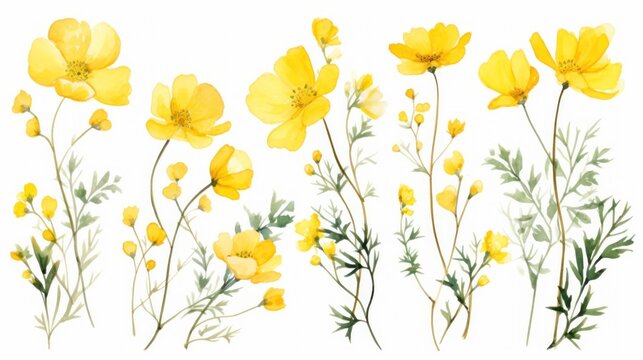  a bunch of yellow flowers with green leaves on a white background with a white back ground and a white back ground.