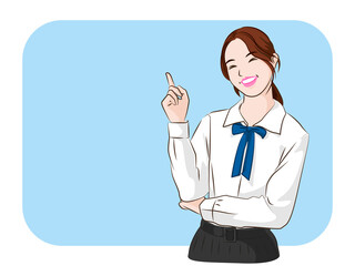 The young Asian student with uniform standing to presenting on the blue background. 