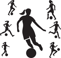Dynamic Women's Soccer Vector Icon Set - 7 Action-Packed Illustrations of Female Football Players in Various Poses and Moves for Sports Designs, New, Unique, Unusual, Best