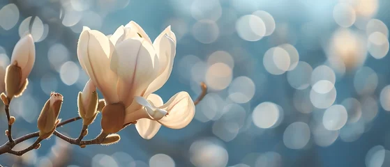 Zelfklevend Fotobehang magnolia, single blossom with frosty blue sky, Spring is coming, new beginning, background banner with copy space for web and greeting cards © cartoon-IT