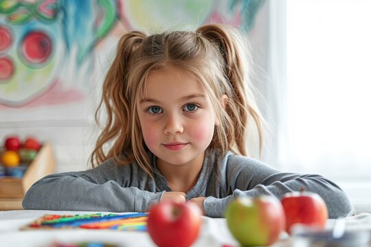Serious little girl with ponytail looking at camera near apples and thinking while sitting at table and painting against white background at home